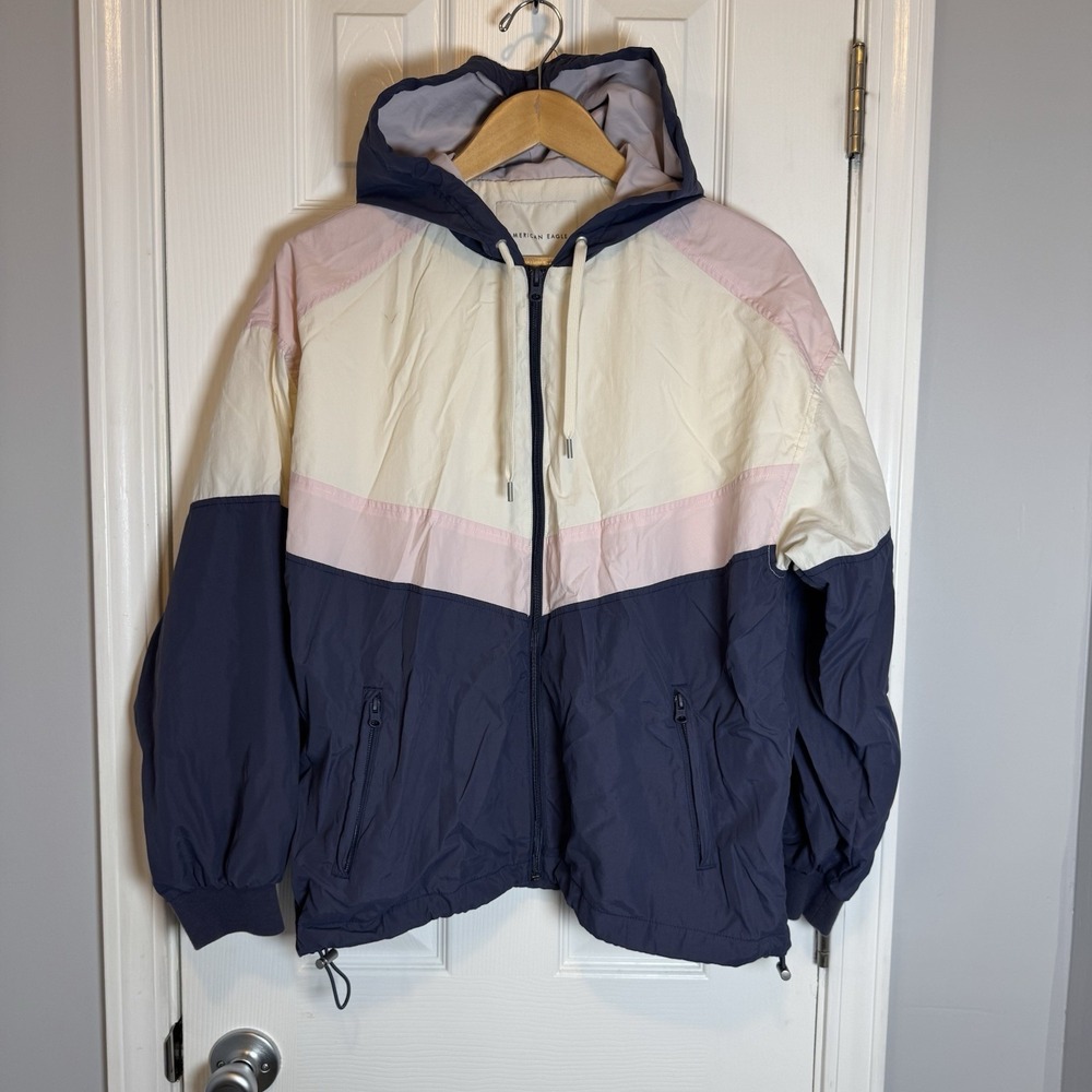 AMERICAN EAGLE Retro‎ Color Block Hoodie Windbreaker Track Jacket Pink Navy Med